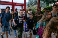 U.S. Marines greet students at Quantico Middle/High School during a back-to-school celebration at Marine Corps Base Quantico, Virginia.